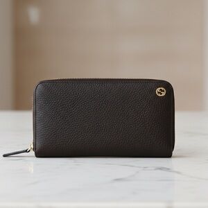 GUCCI Brown Pebbled Leather Interlocking G‎ Zip Around Wallet 449347 Authentic